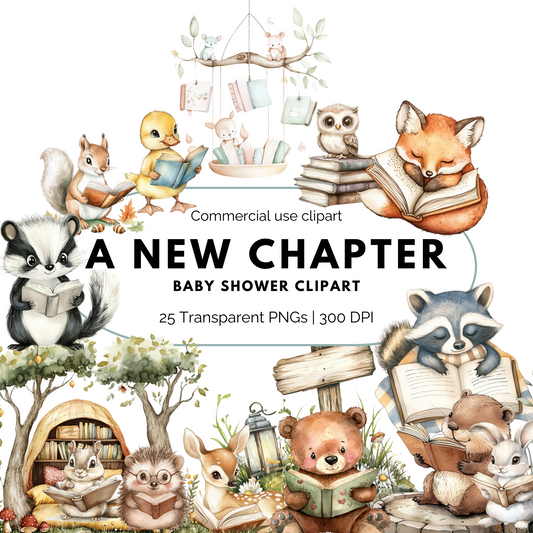 A New Chapter Baby Shower Clipart PNG | Watercolor Book Theme