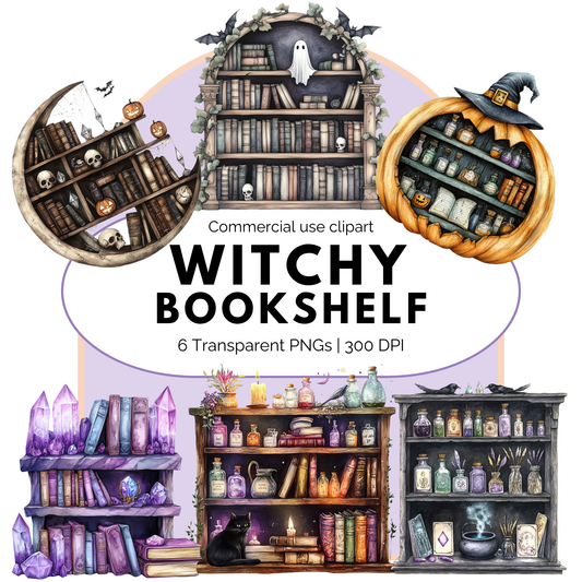 Witchy Bookshelf Clipart – Halloween Book Lover PNG for Magical Projects