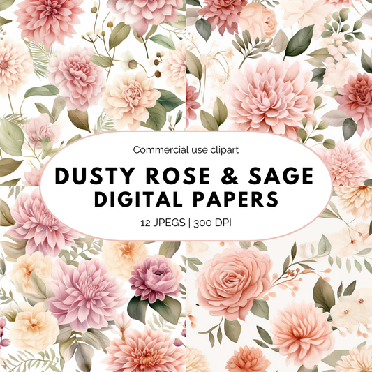Dusty Rose and Sage Watercolor Digital Papers