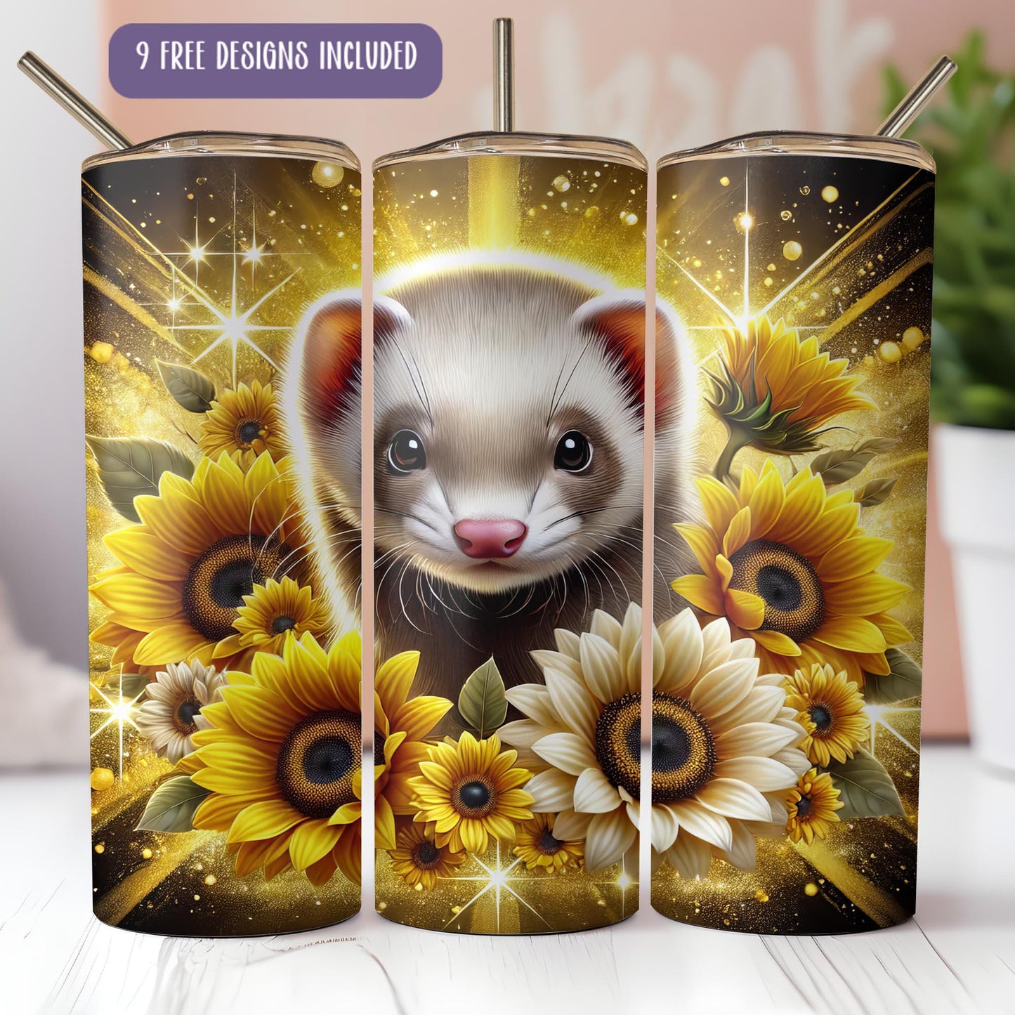 a picture of a ferret with sunflowers on it
