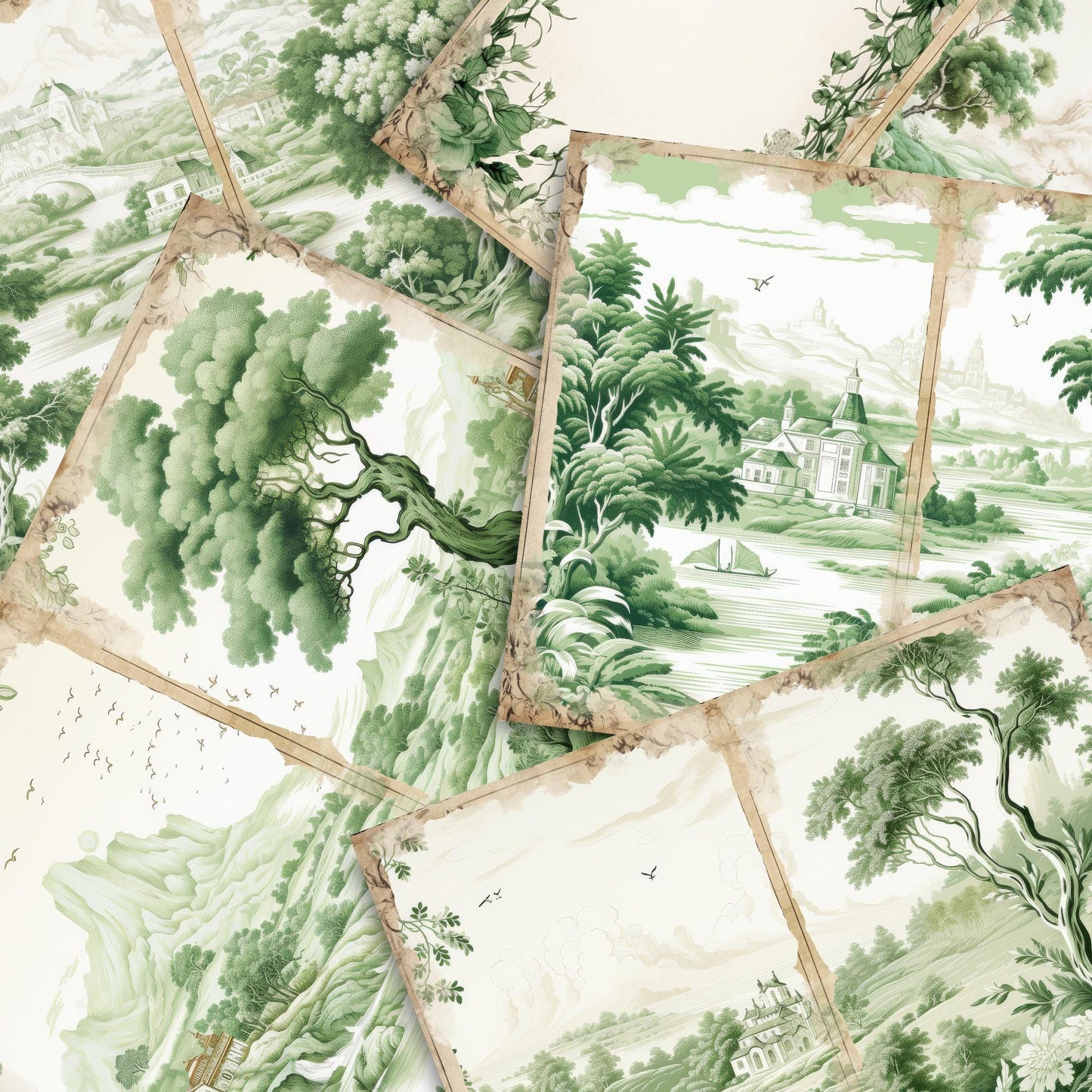 Páginas de diario basura en toile verde | 6 páginas de diario digital en verde francés | Diario basura francés | Papel digital | Tamaño de papel EE. UU. | JJ034