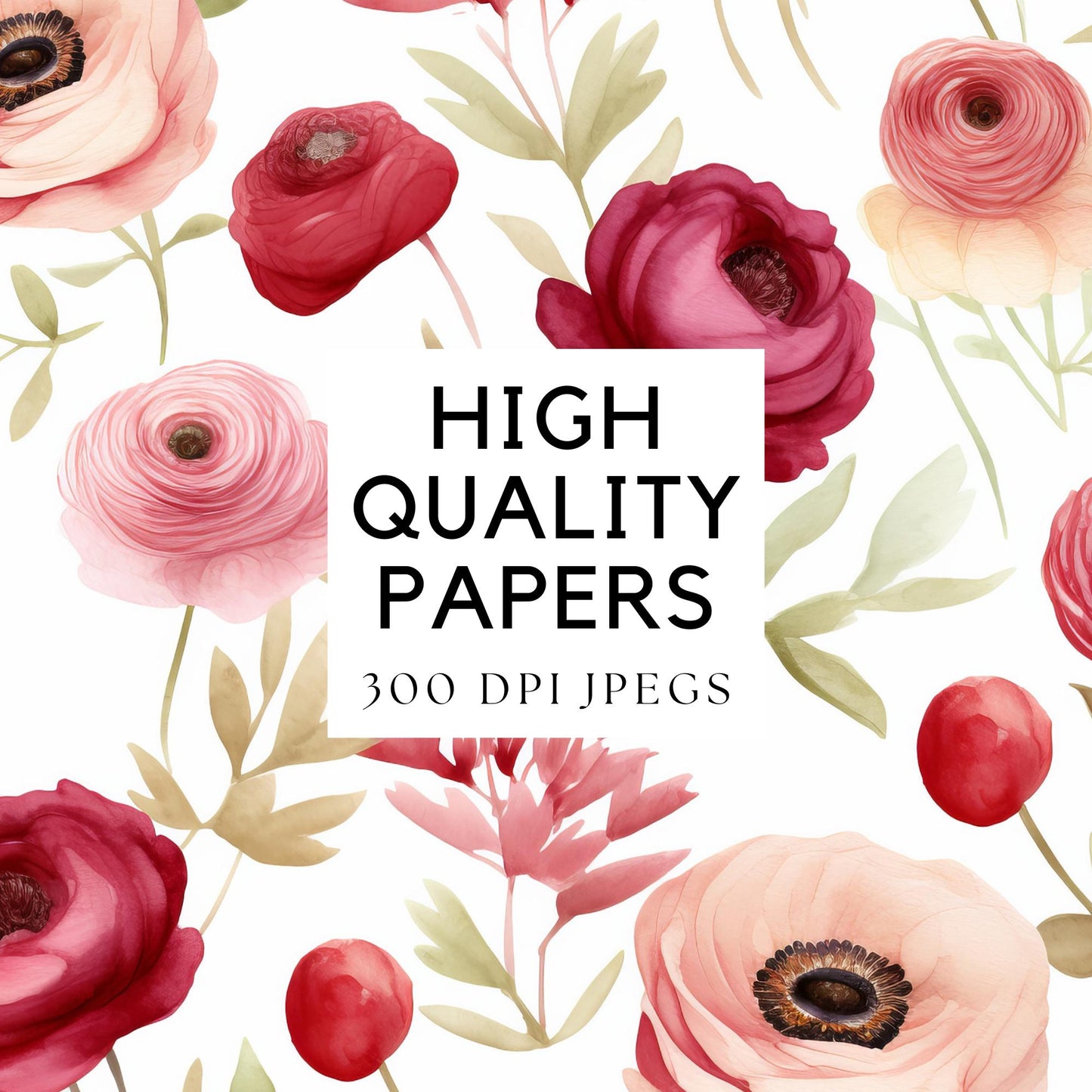 Papeles digitales con acuarela ruborizada y ranúnculos rojos