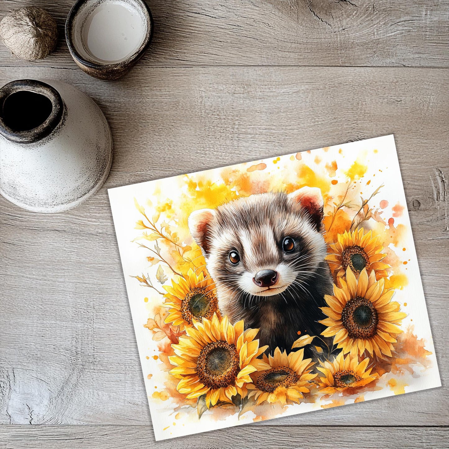 a painting of a ferret surrounded by sunflowers
