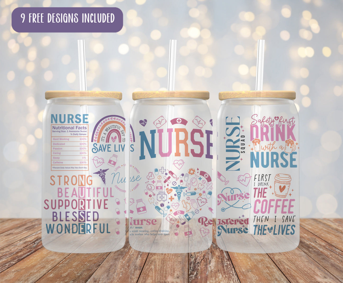 three personalized nurse tumblers on a wooden table