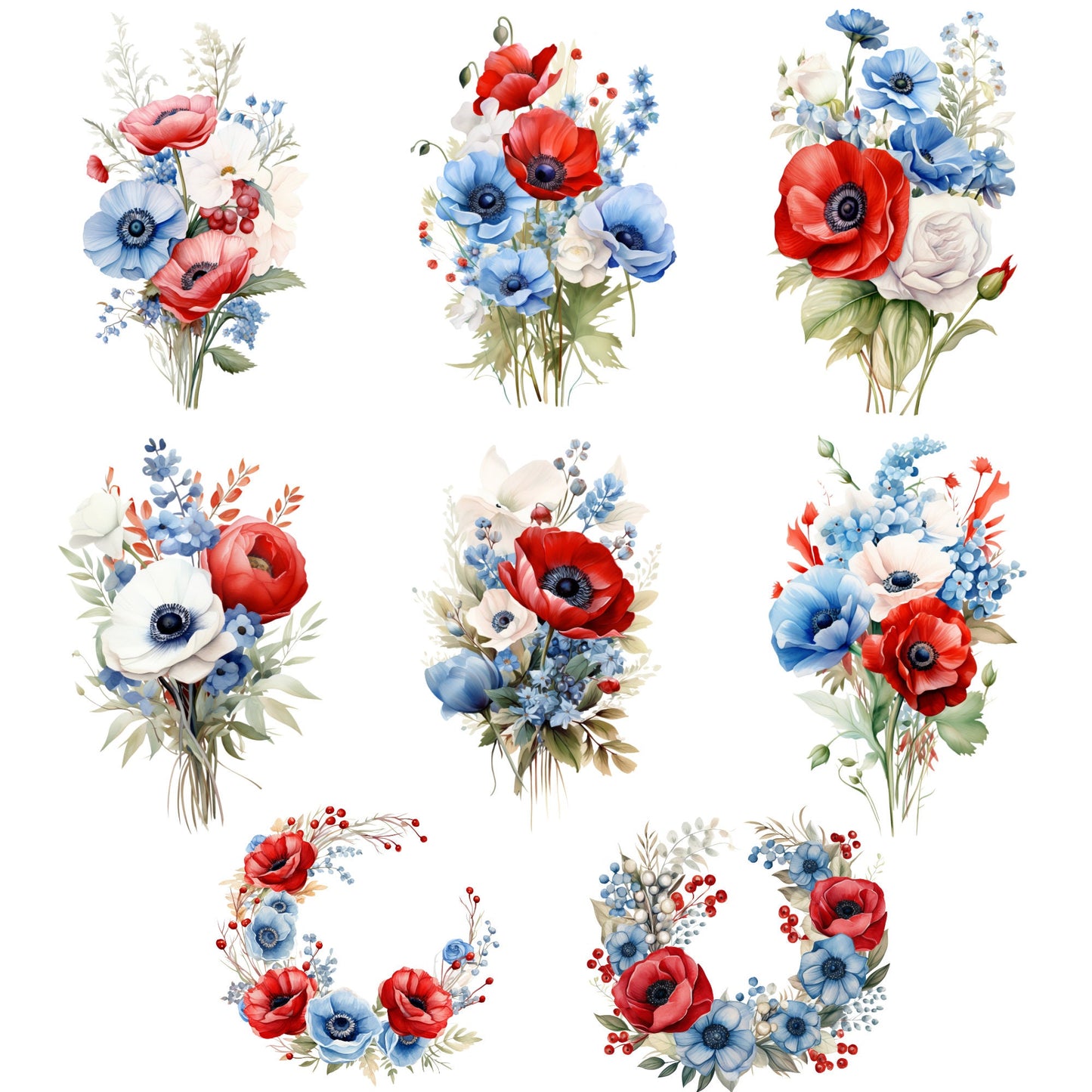 Clipart floral de acuarela del 4 de julio