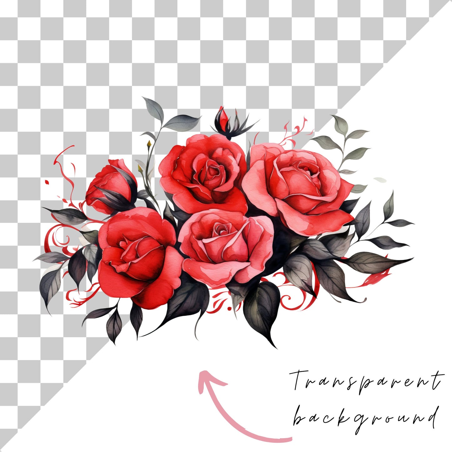 Watercolor Red and Black Floral Clipart