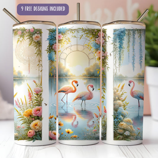 a group of three flamingos standing next to each other