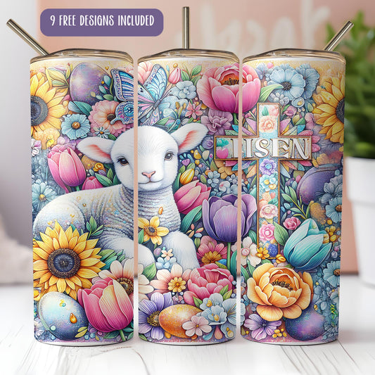a painting of a lamb surrounded by flowers