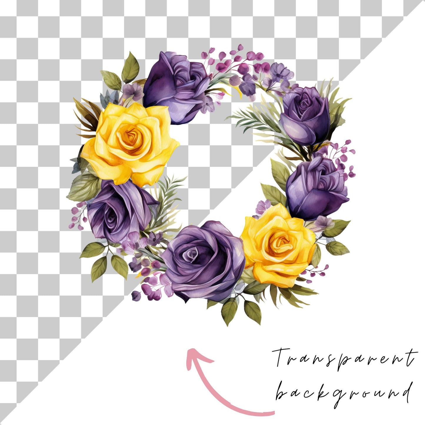 Clipart de rosas de color morado oscuro, lila y amarillo