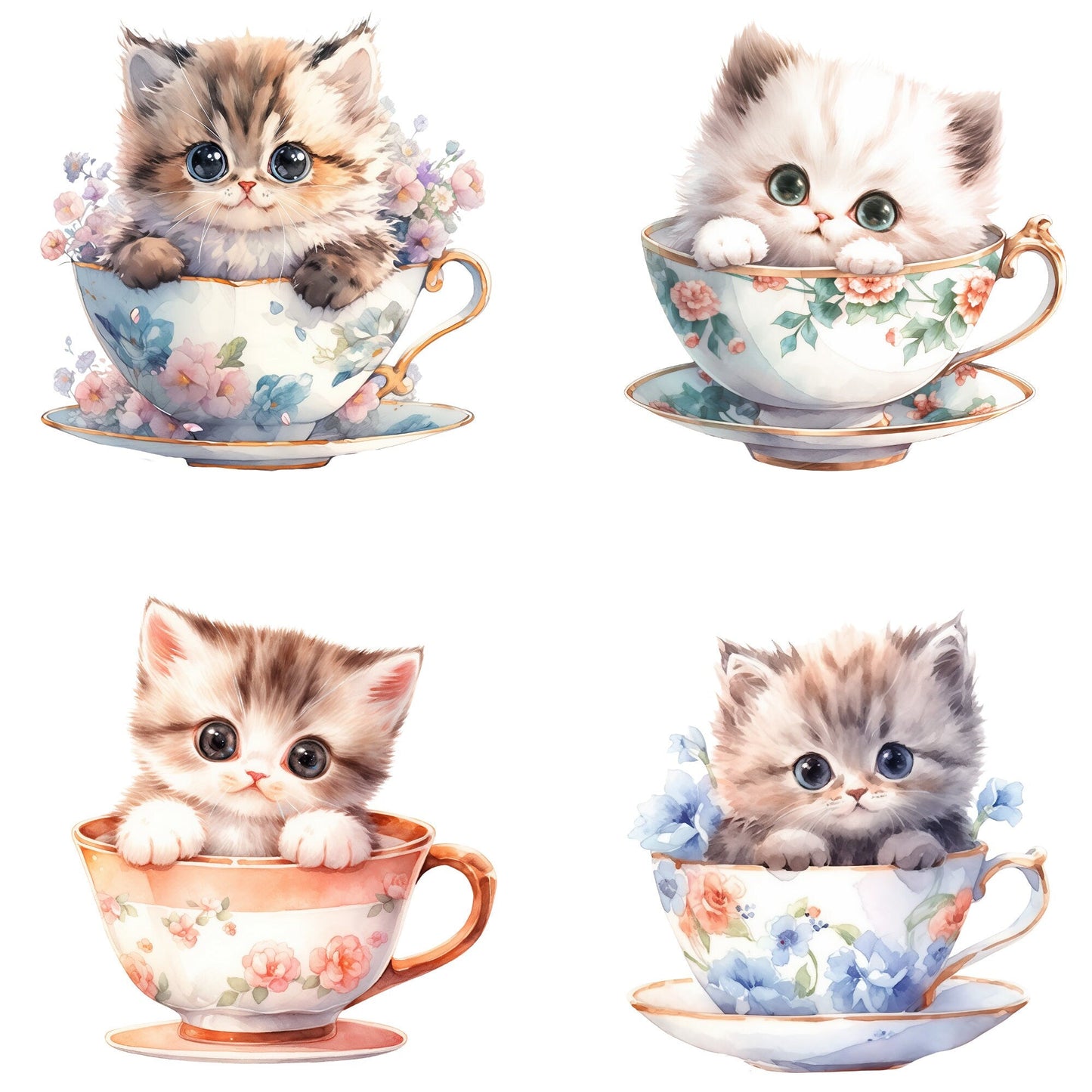 Watercolor Teacup Kitten Clipart