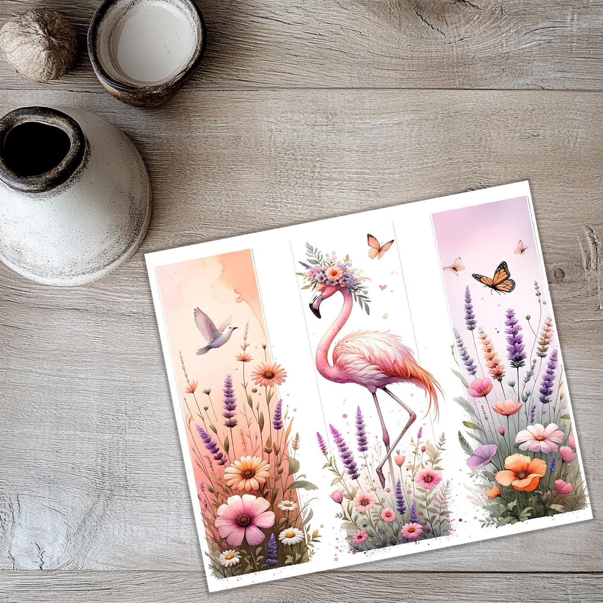 a picture of a pink flamingo in a field of flowers