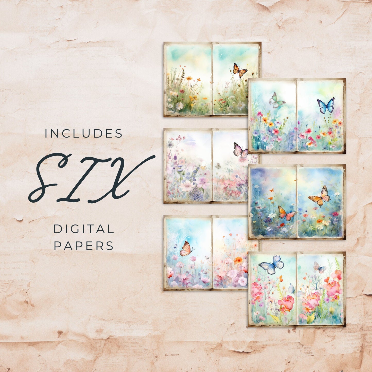 Páginas del diario basura Butterfly Meadow, vol. 2 | 6 páginas de diario digital | Páginas de scrapbooking | Diario Butterfly Flower | Tamaño de papel (EE. UU.) | JJ016