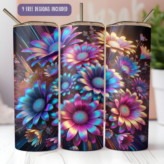 a set of three colorful flower vases sitting on top of a table