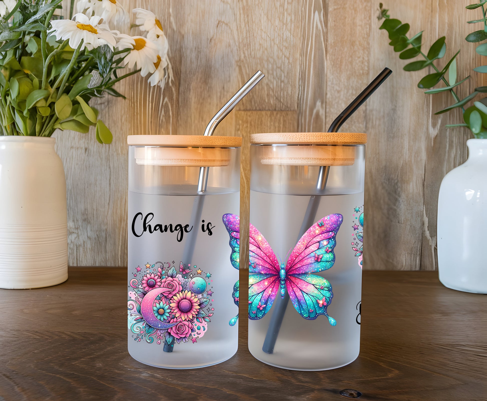 a couple of cups sitting on top of a wooden table