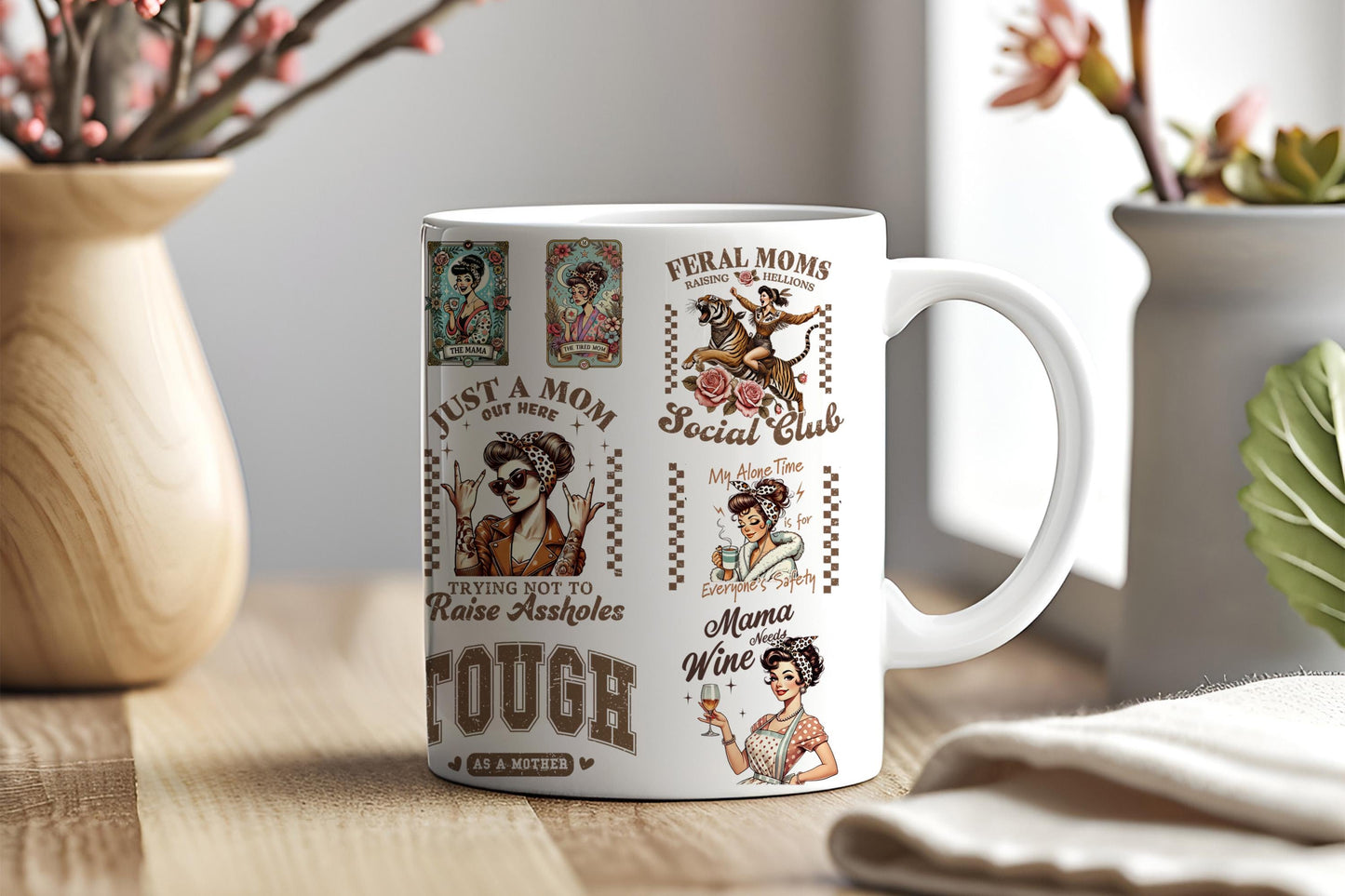 a coffee mug sitting on top of a wooden table