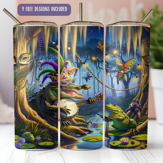 a set of three travel mugs with a painting of a dragon attacking a frog