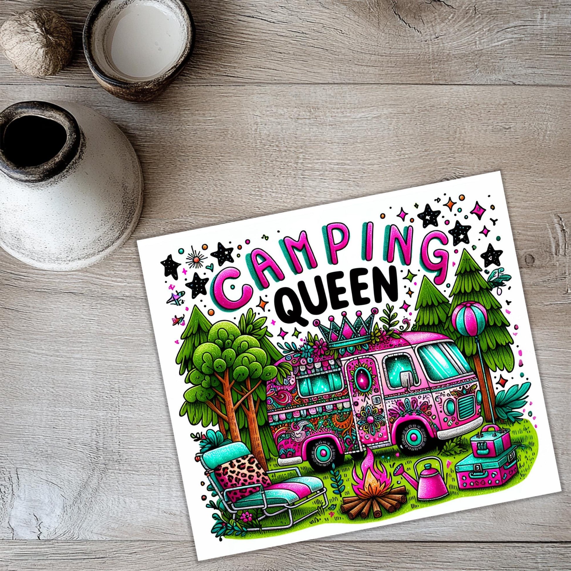a picture of a camper van with camping queen written on it