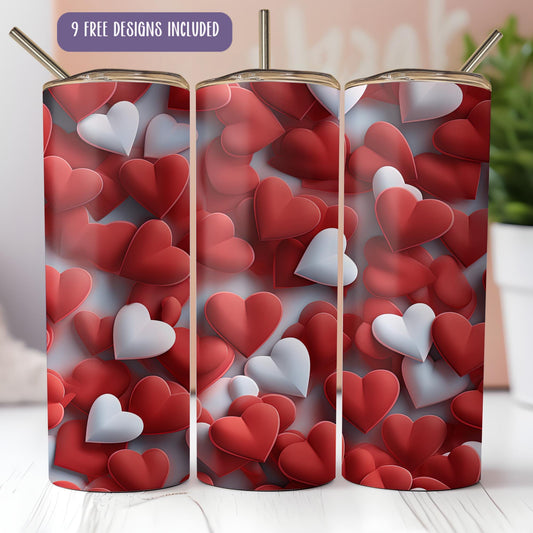 a set of three red and white hearts on a red and white background