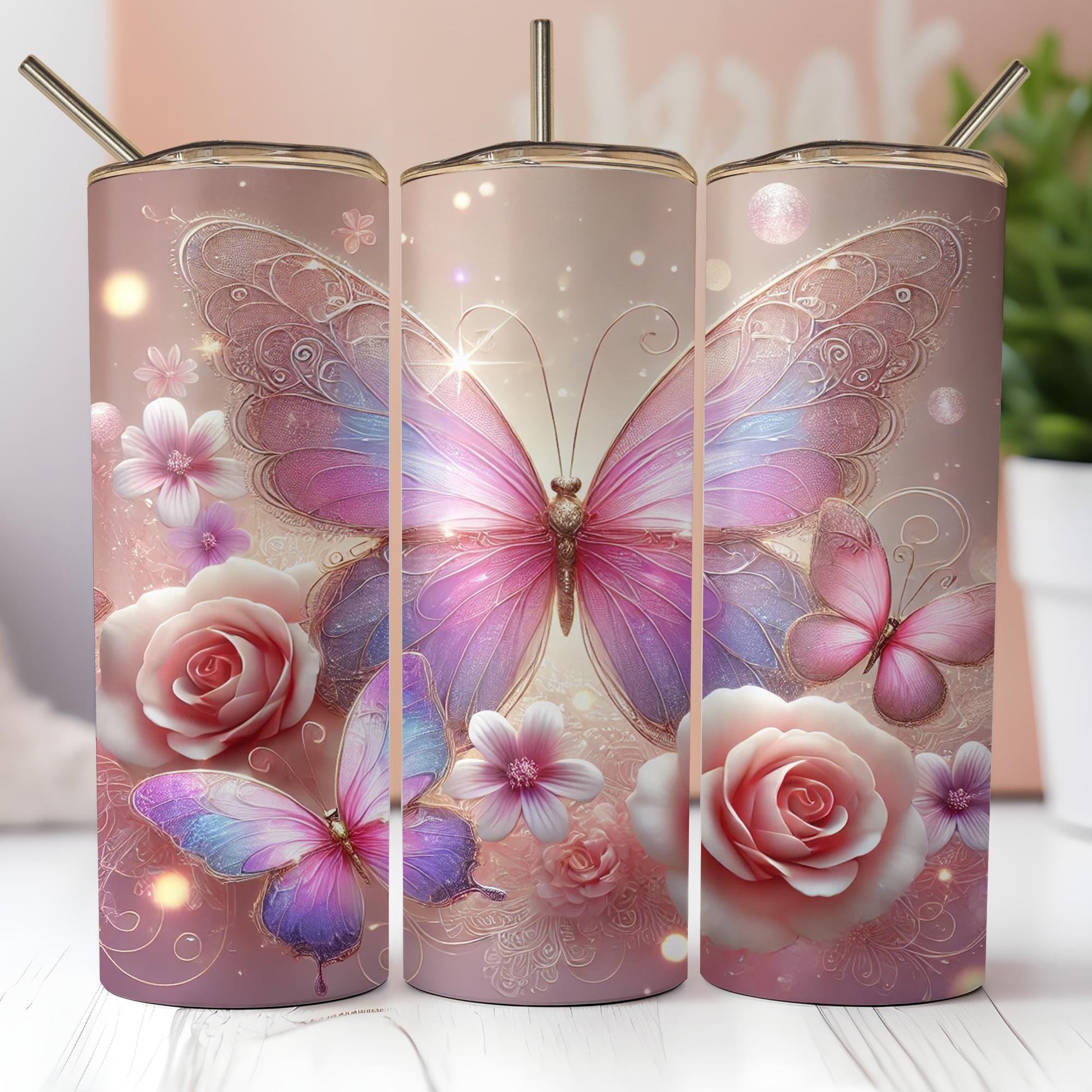 a set of three vases with butterflies and roses on them