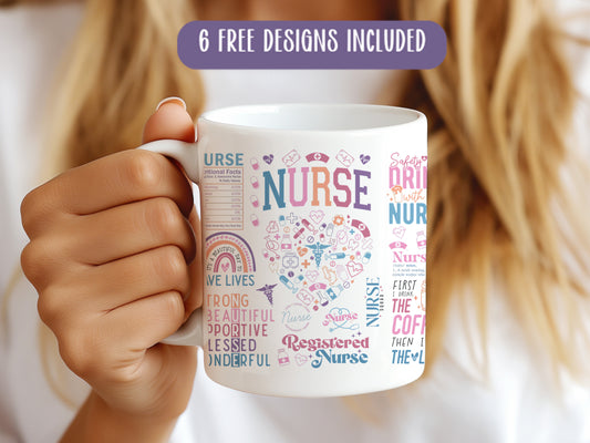 a woman holding a coffee mug with a nurse design on it