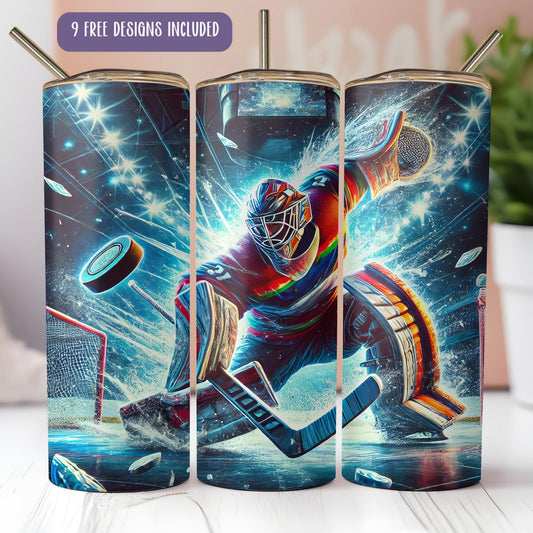 a set of three ice hockey tumblers with a painting of a goalie on