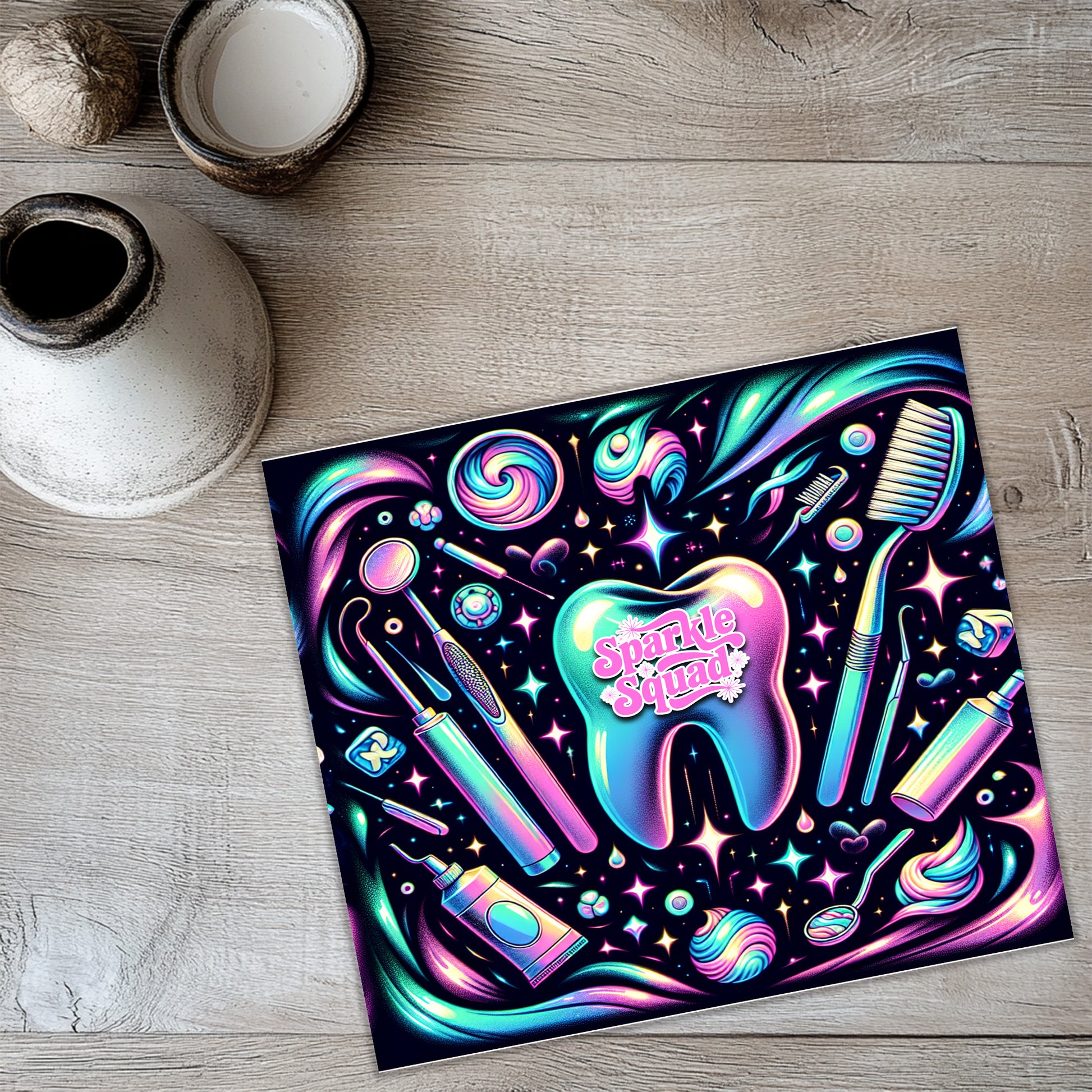 a vibrant and colorful illustration of dental hygiene items, including a toothbrush, toothpaste, dental floss, and other dental tools, all set against a starry night sky background.