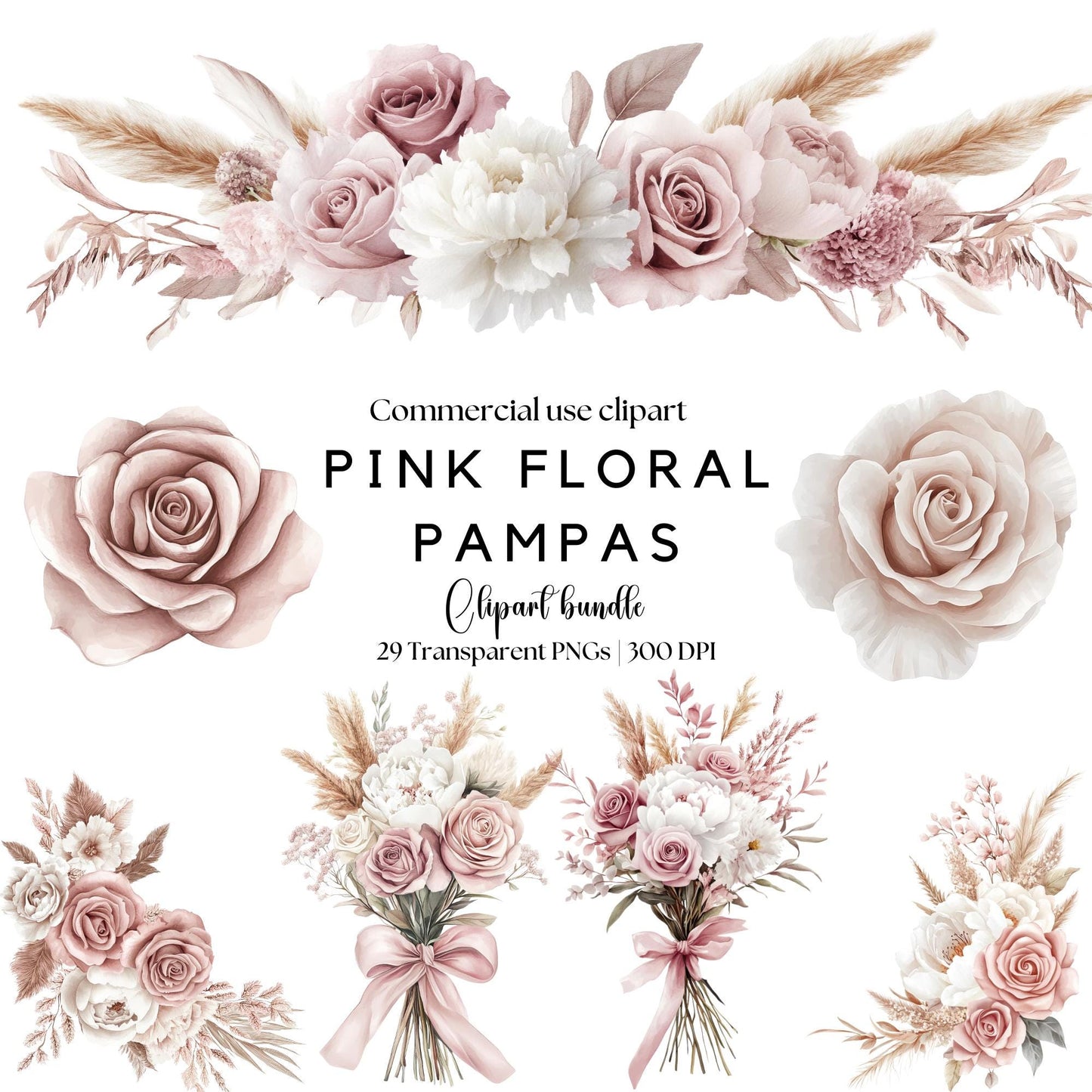 Clipart de pampas florales rosas en acuarela