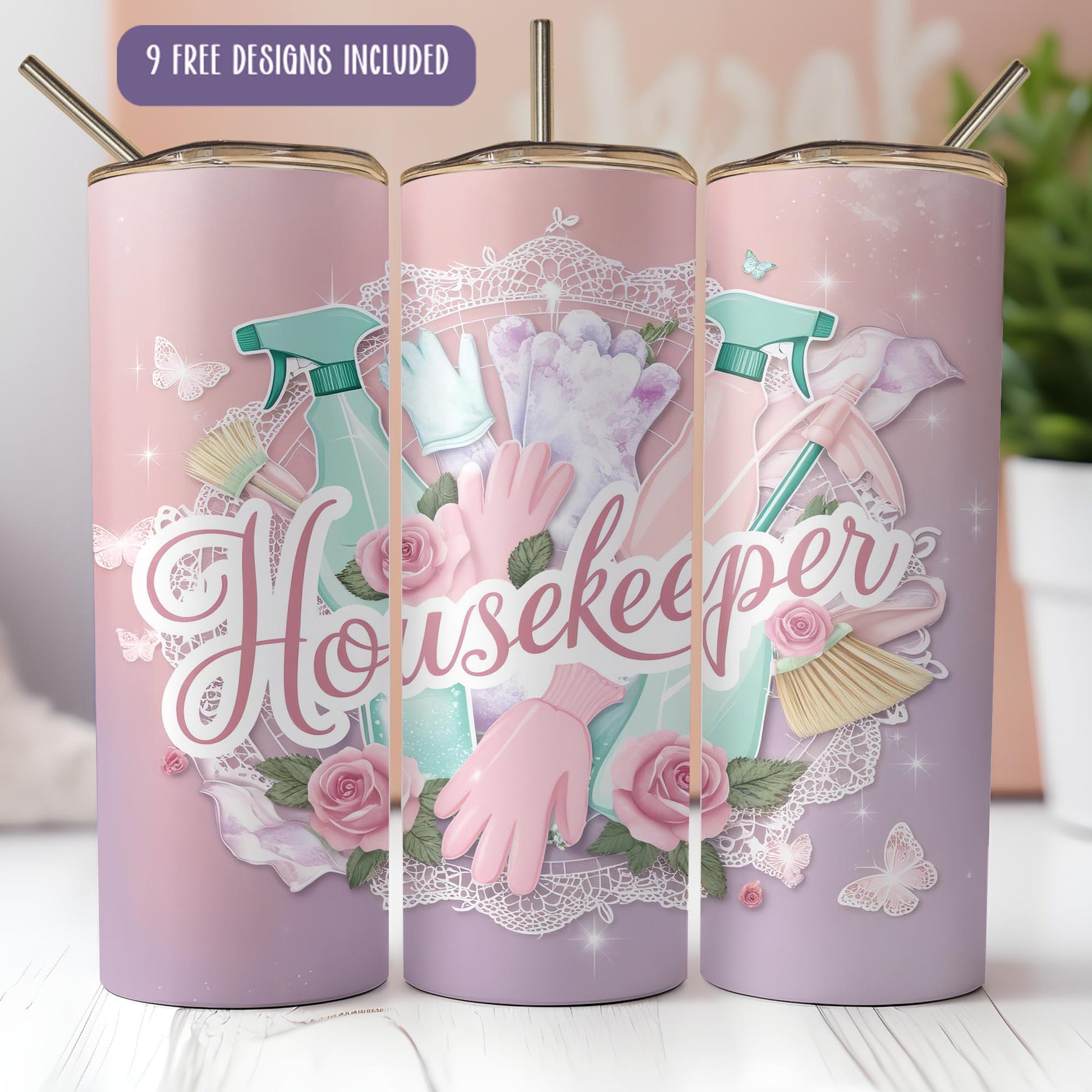 a set of three pink and purple tumbles with the words housekeeper on them