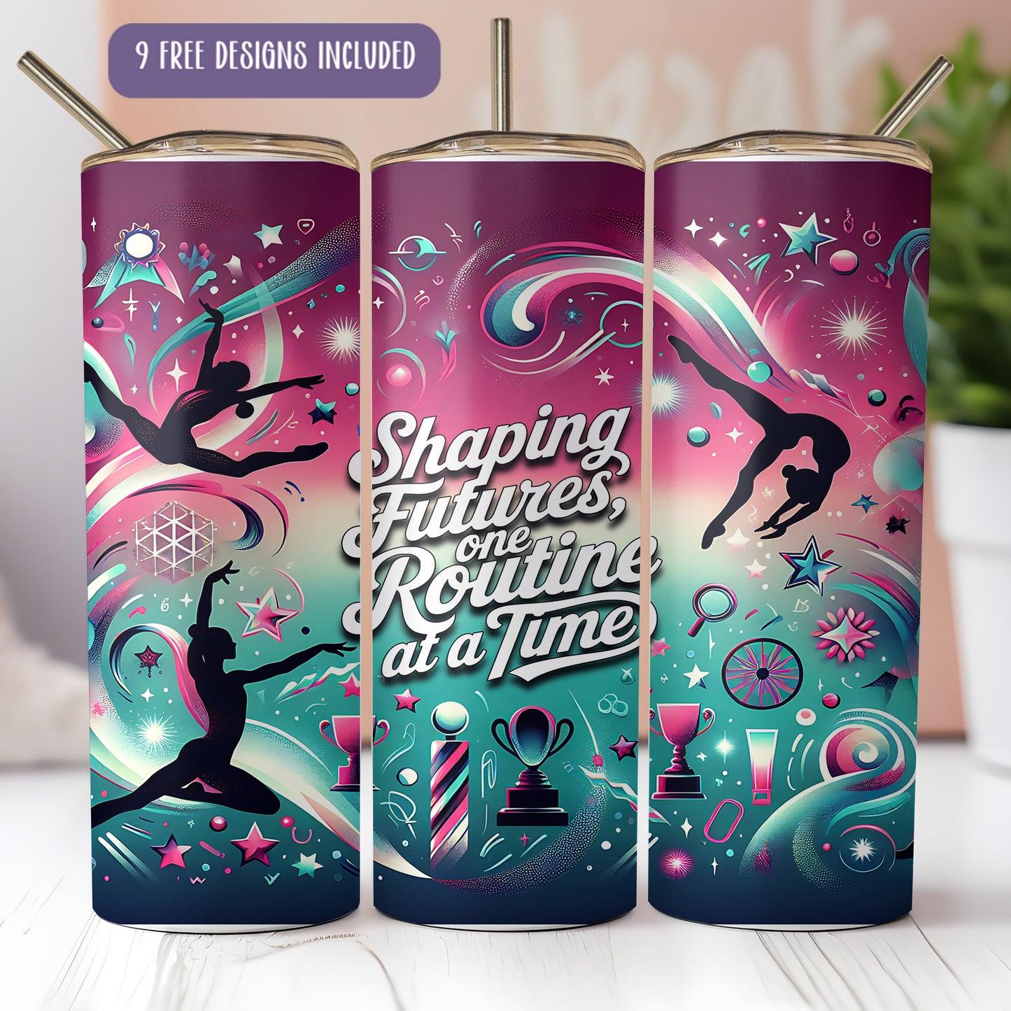A colorful design featuring silhouettes of dancers and various sports equipment, along with the text "Shaping Futures, one Routine at a Time".