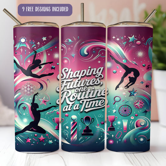 A colorful design featuring silhouettes of dancers and various sports equipment, along with the text "Shaping Futures, one Routine at a Time".