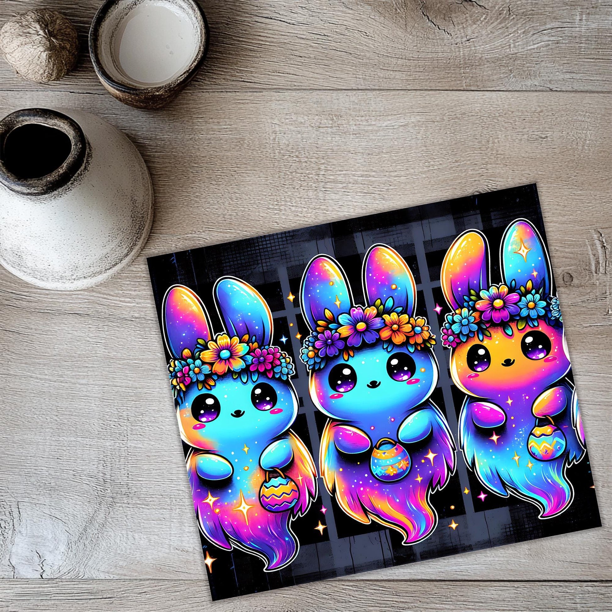 a picture of three little bunnies with flowers on their heads