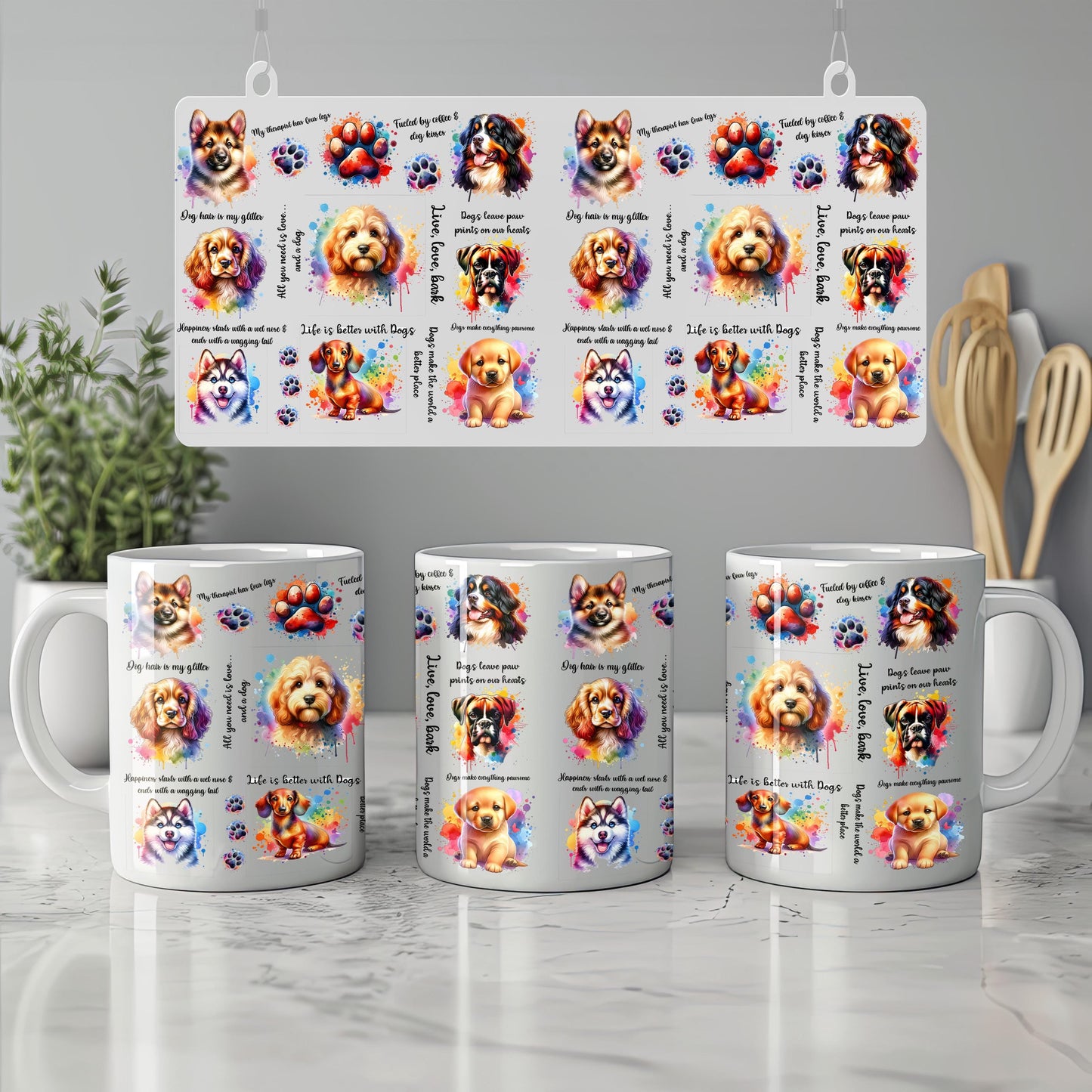 a set of four coffee mugs with dogs on them