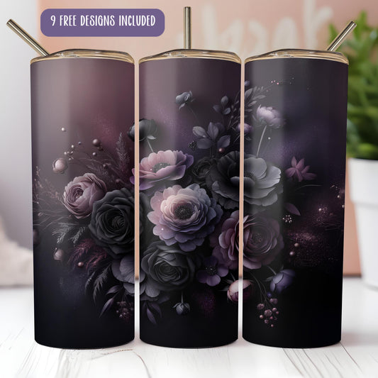 a set of three black and purple floral tumblers