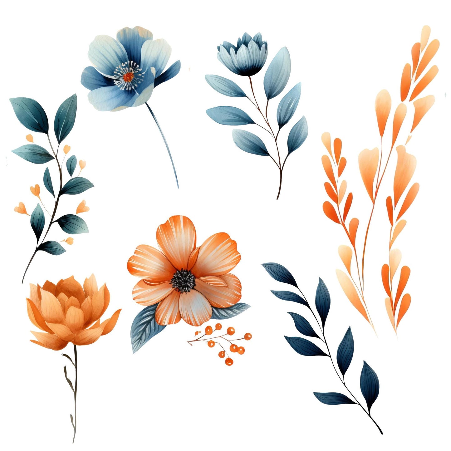 Burnt Orange and Blue Floral clipart