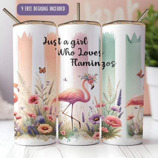 three pink flamingos with flowers and butterflies on them