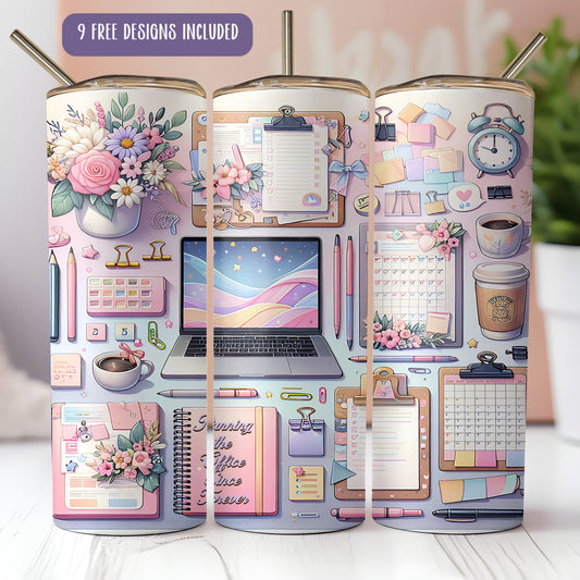 A colorful and whimsical design of a desk with various office supplies and decorative elements, including a laptop, flowers, a clock, and other items.