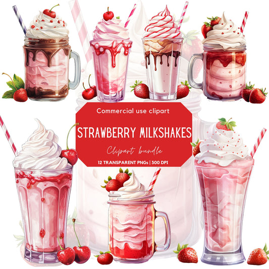 Watercolor Strawberry Milkshake Clipart