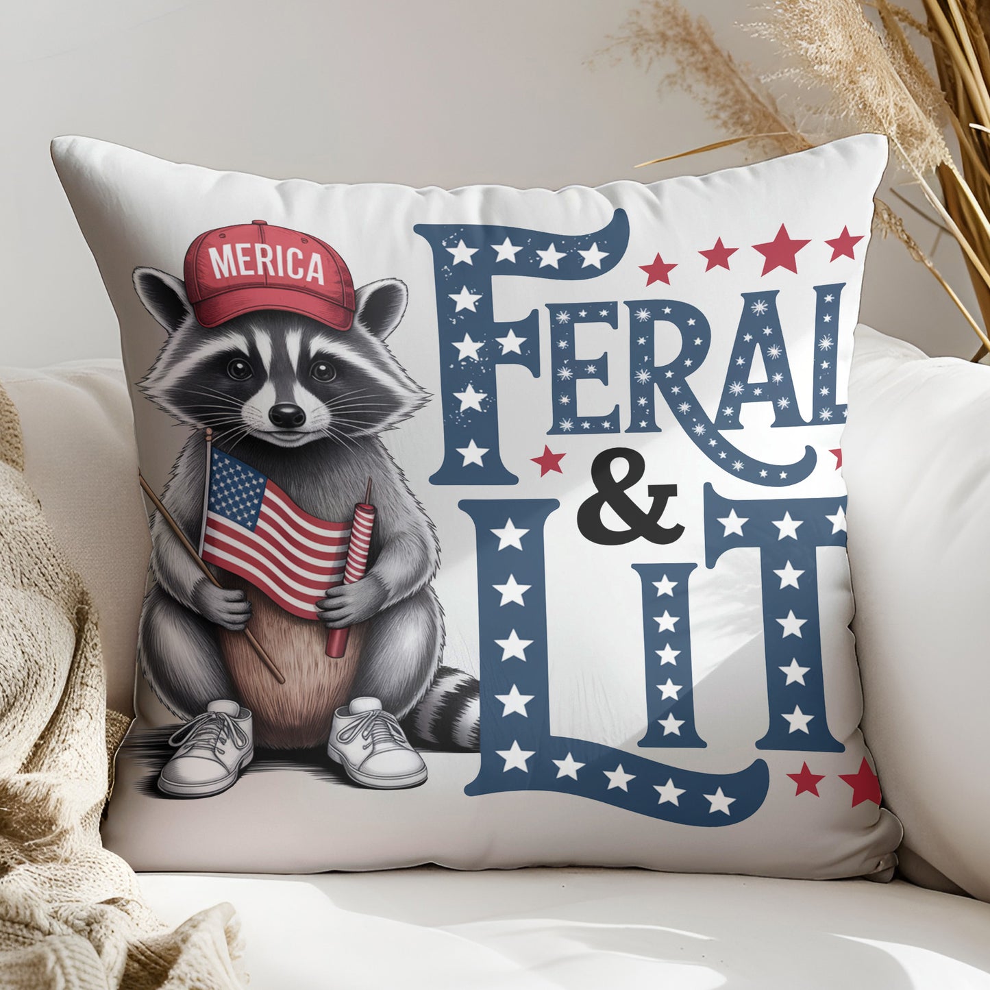 a pillow that has a raccoon on it
