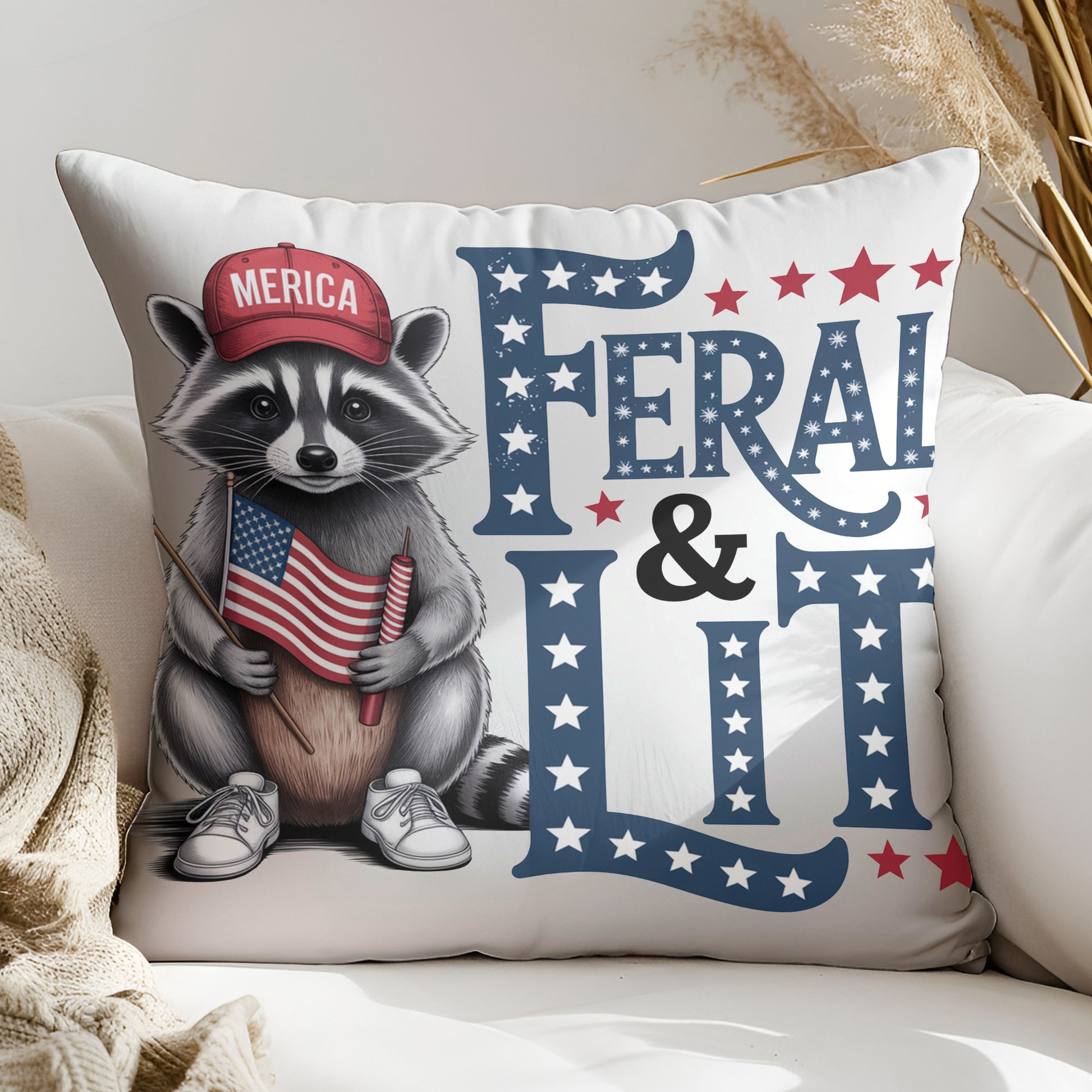 a pillow that has a raccoon on it