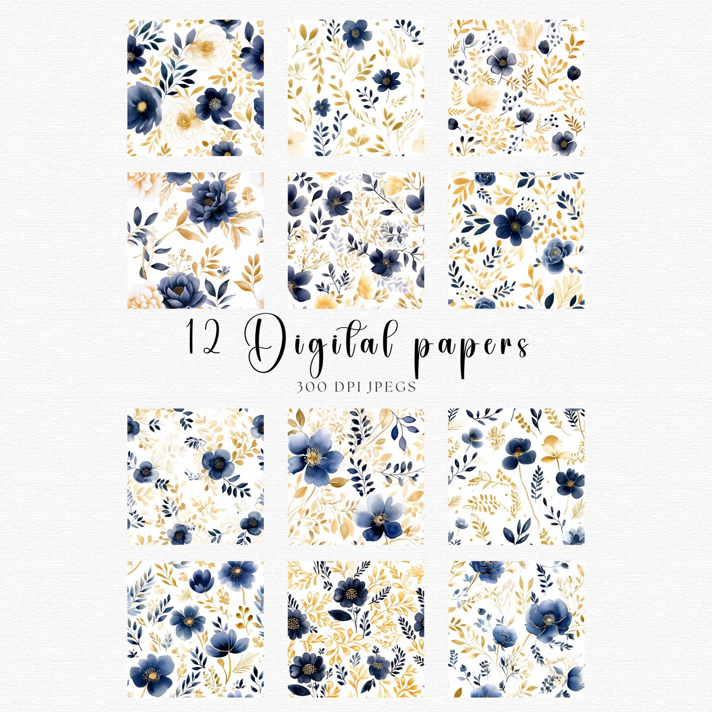 Papeles digitales florales en acuarela azul marino y dorado
