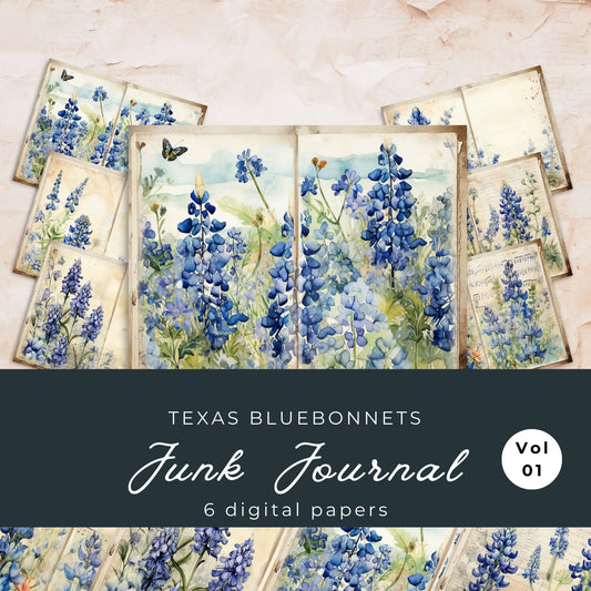 Texas Bluebonnet Floral Junk Journal Pages | Floral 6 Digital Journal Pages | Floral Scrapbook | Digital Paper | US Paper Size | JJ022