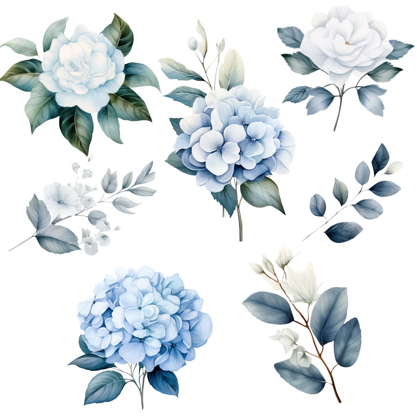 Watercolor Dusty Blue Hydrangea and Rose Floral Clipart