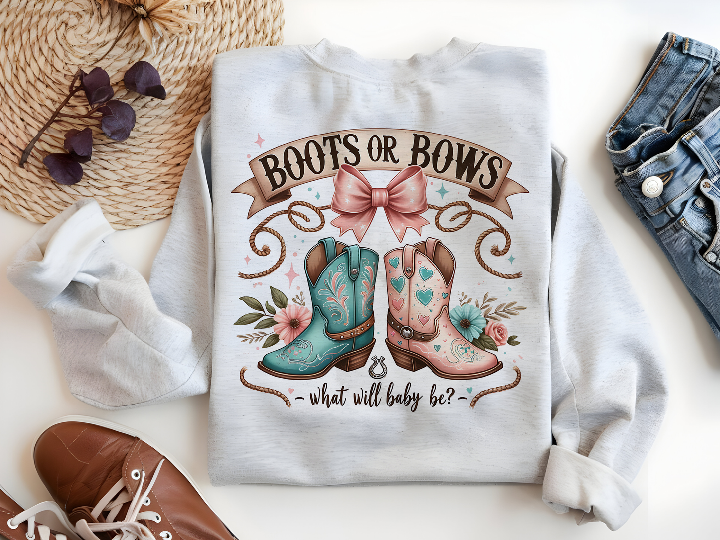 Cowboy Cowgirl Gender Reveal PNG – Boots or Bows Baby Shower Sublimation