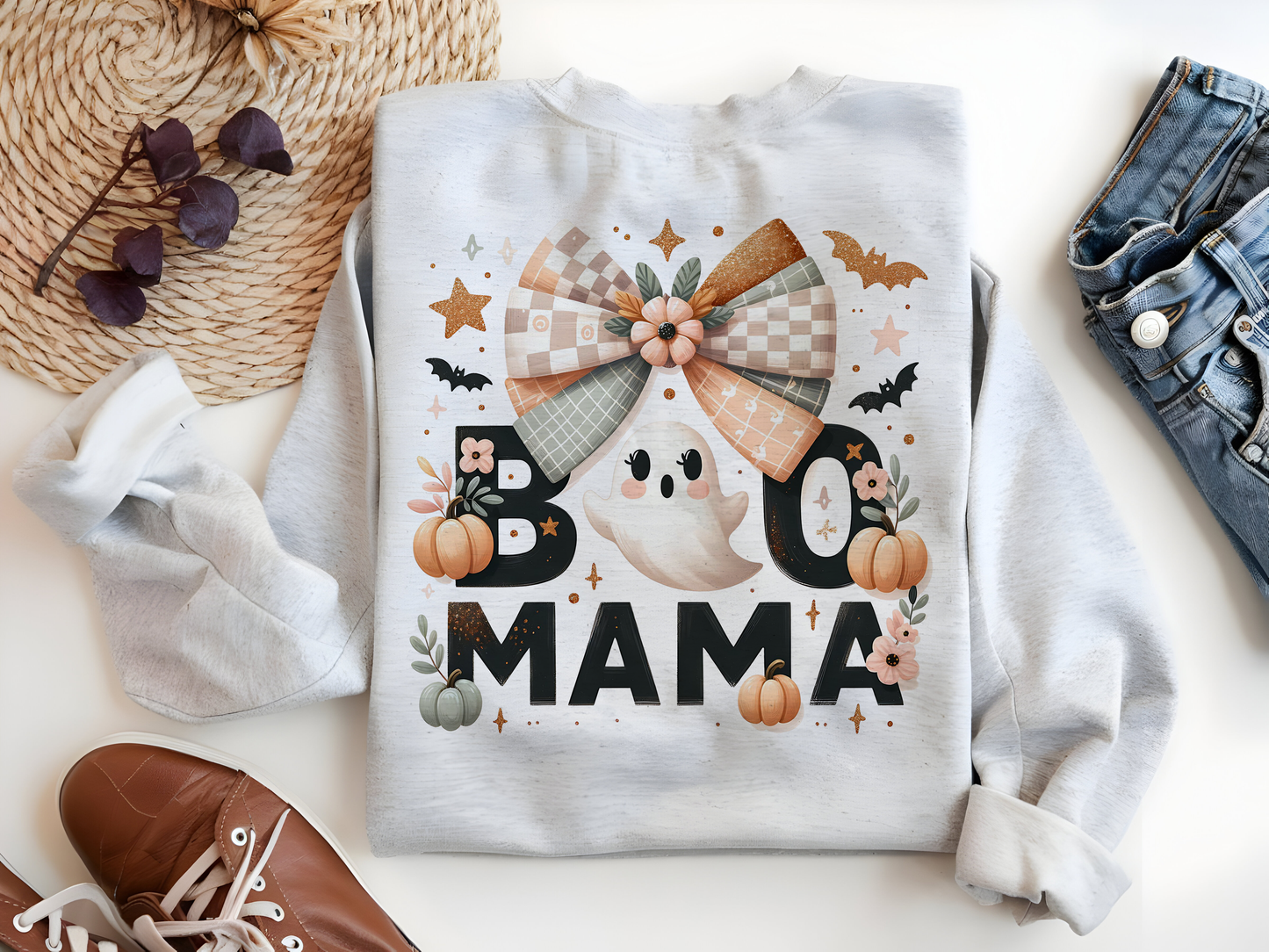Boo Mama PNG – Coquette Halloween Sublimation Design with Ghosts, Bats & Pastel Vibes