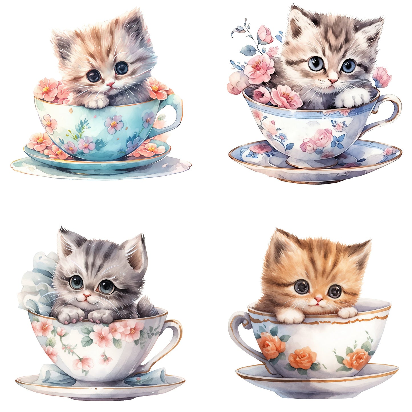 Watercolor Teacup Kitten Clipart