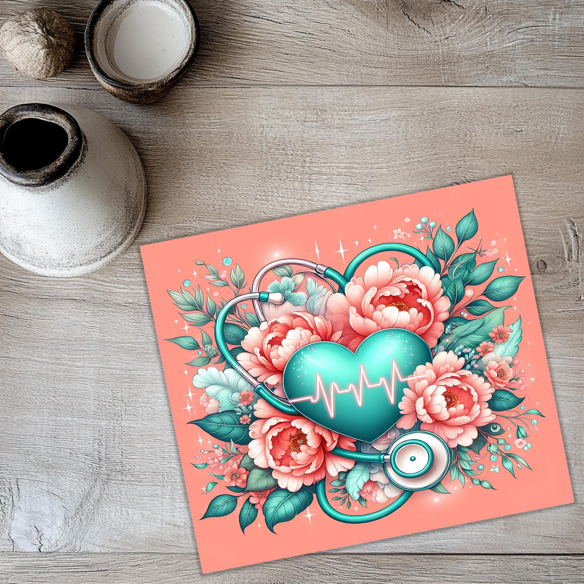 a card with a heart and flowers on it