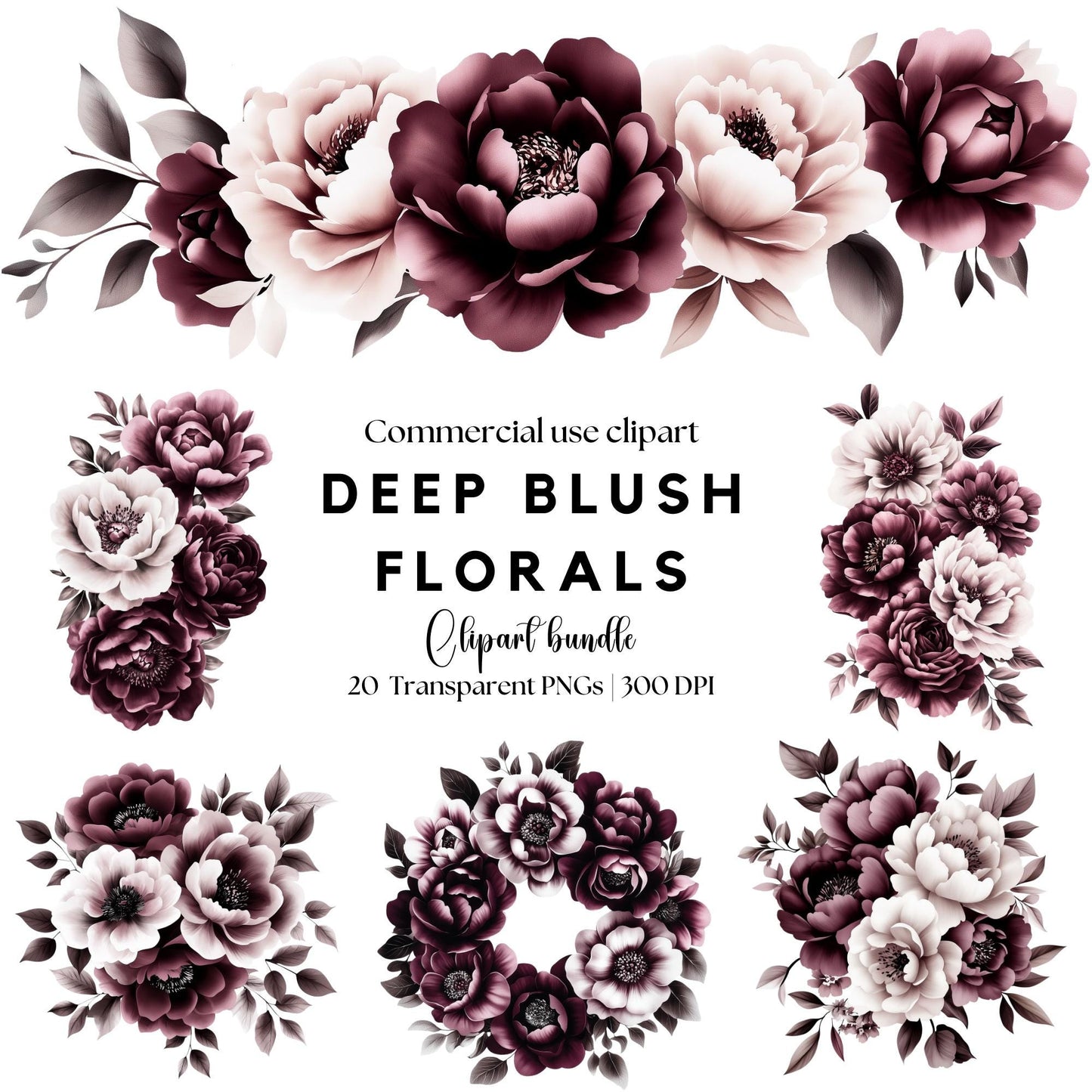 Clipart floral en acuarela de color rosa intenso