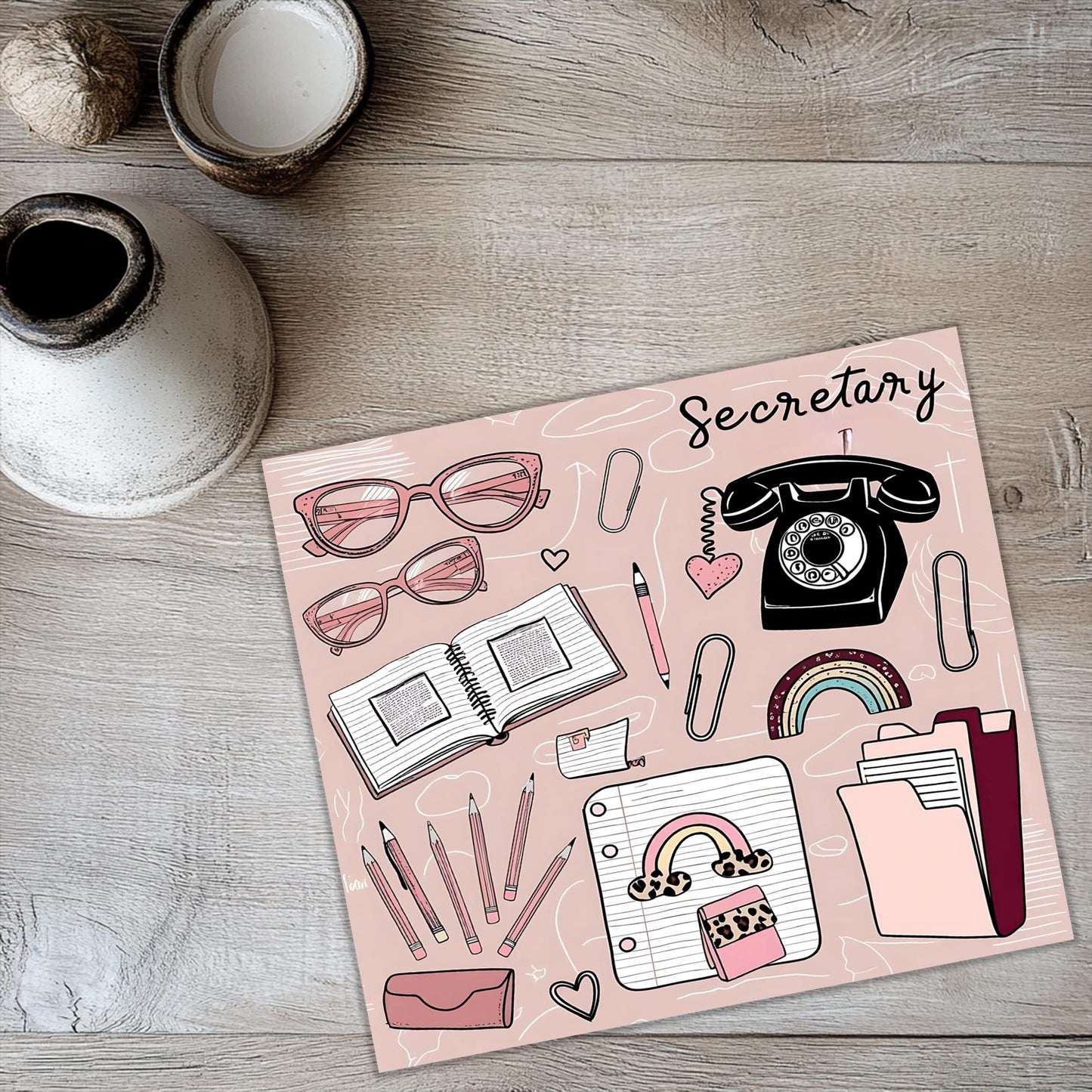 a table topped with a notebook and a phone