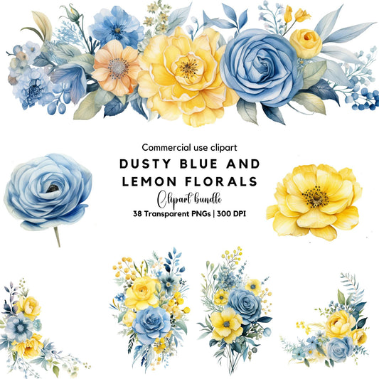 Dusty Blue and Lemon Floral Clipart