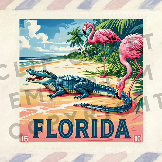a poster of a florida alligator and a flamingo